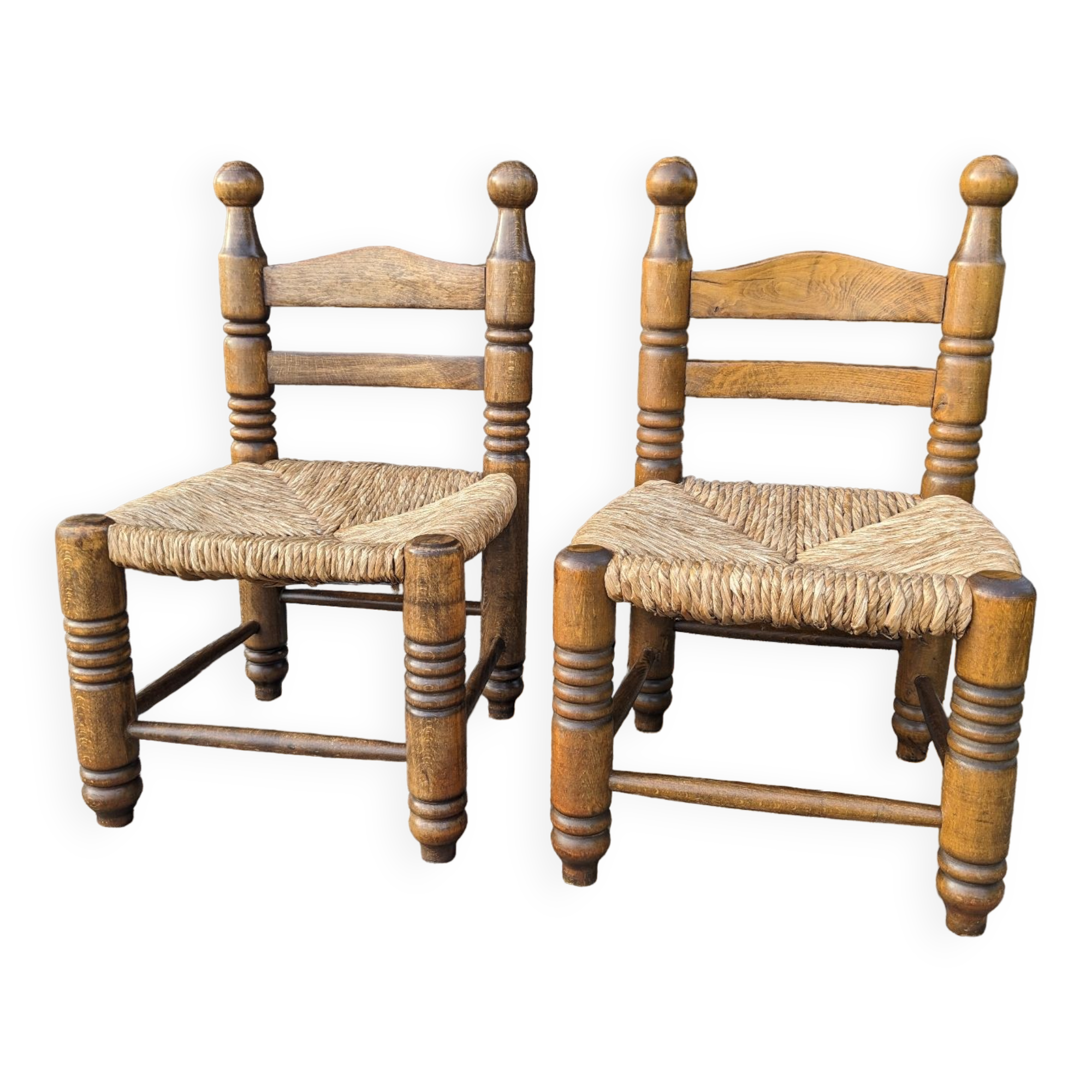 Duo of brutalist straw-covered oak chairs 1940-1950 # Charles Dudouyt