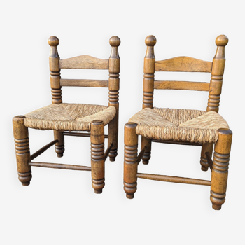 Duo of brutalist straw-covered oak chairs 1940-1950 # Charles Dudouyt