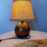 Dark ball wood table lamp, jute lampshade, 1970