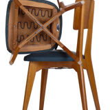 Set de 3 chaises vintage 1960 Monobloc pieds compas et skaï bleu canard