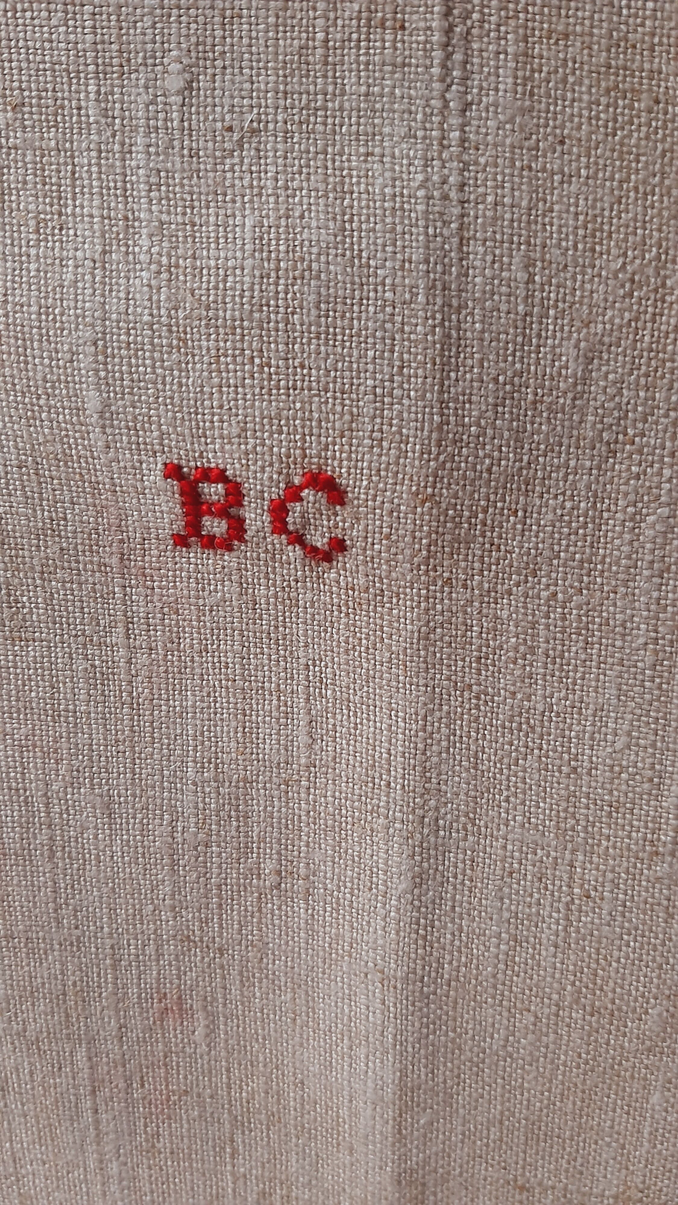 6 old linen tea towels ecru red stripes monogram b.c.