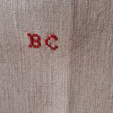 6 old linen tea towels ecru red stripes monogram b.c.
