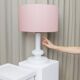 Vintage Holmegaard Plaza table lamp by Hsin-Lung Lin for Glasværk, 1970s - White glass with pink fabric shade - Elegant retro lamp, gift idea.