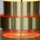 Brass coloured aluminium pendant light from Lyskaer. Denmark 1970s