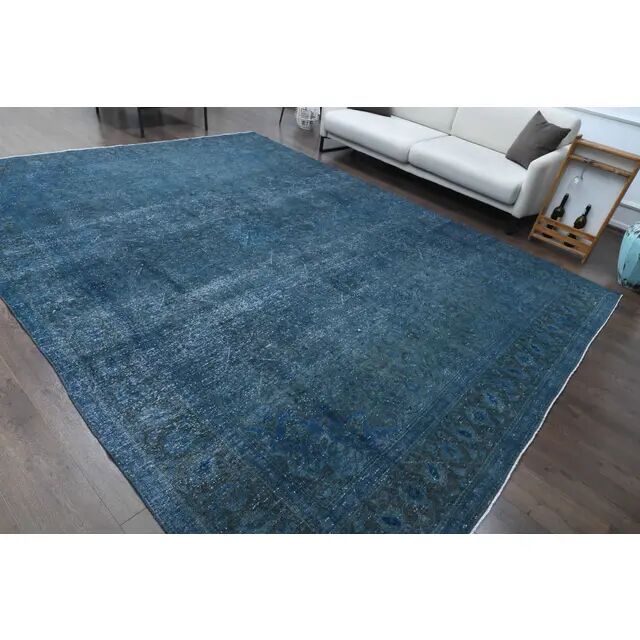1970s Vintage Persian Handmade Wool Cotton Blue Area Rug 277x360