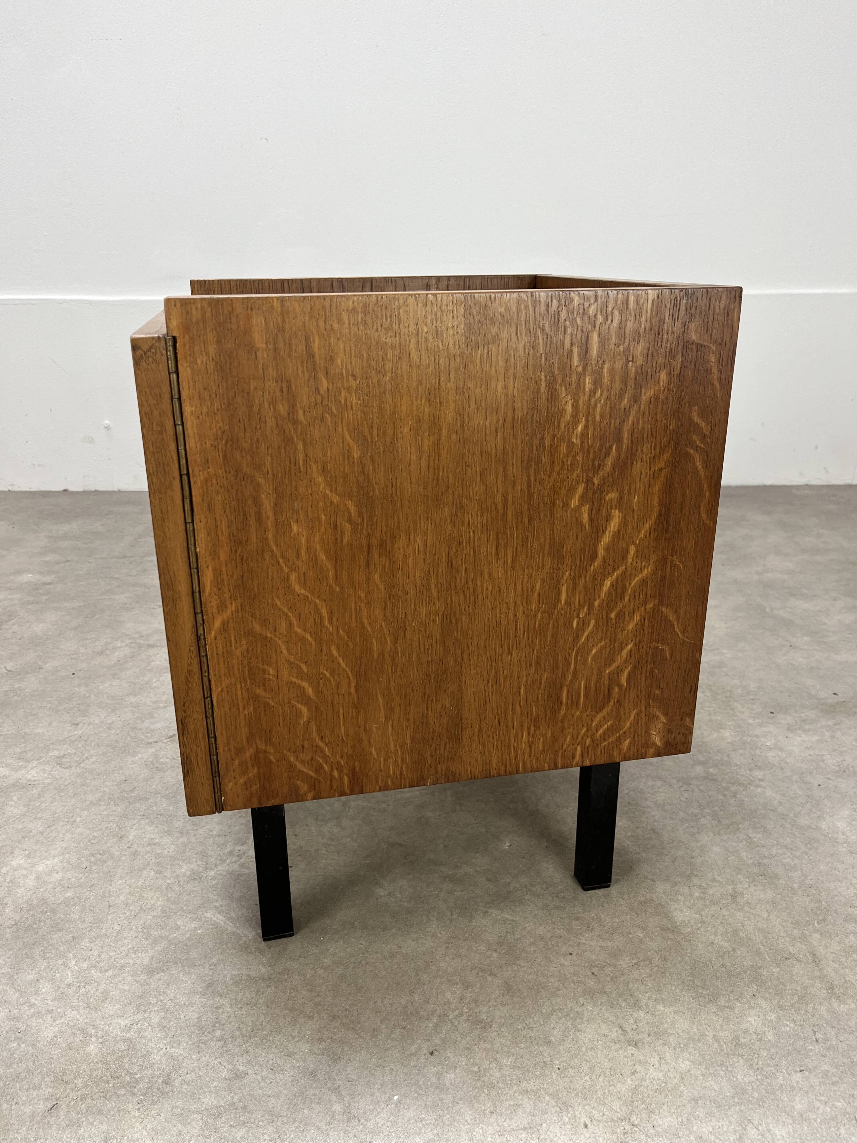 1950s modernist bedside table, wood and metal, vintage
