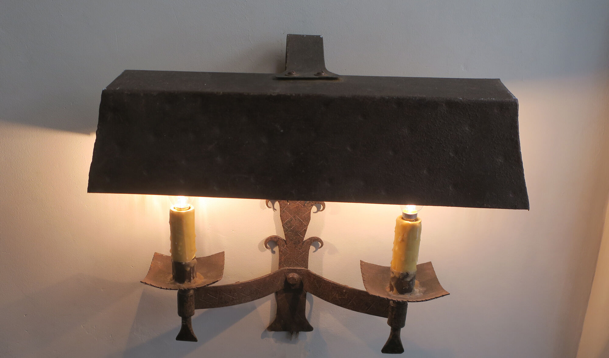 Pair of mid century patinated iron outdoor wall lights, 1960