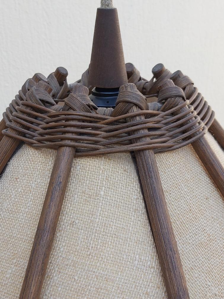Scandinavian rattan hanging lamp, wood and vintage fabric