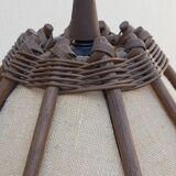 Scandinavian rattan hanging lamp, wood and vintage fabric