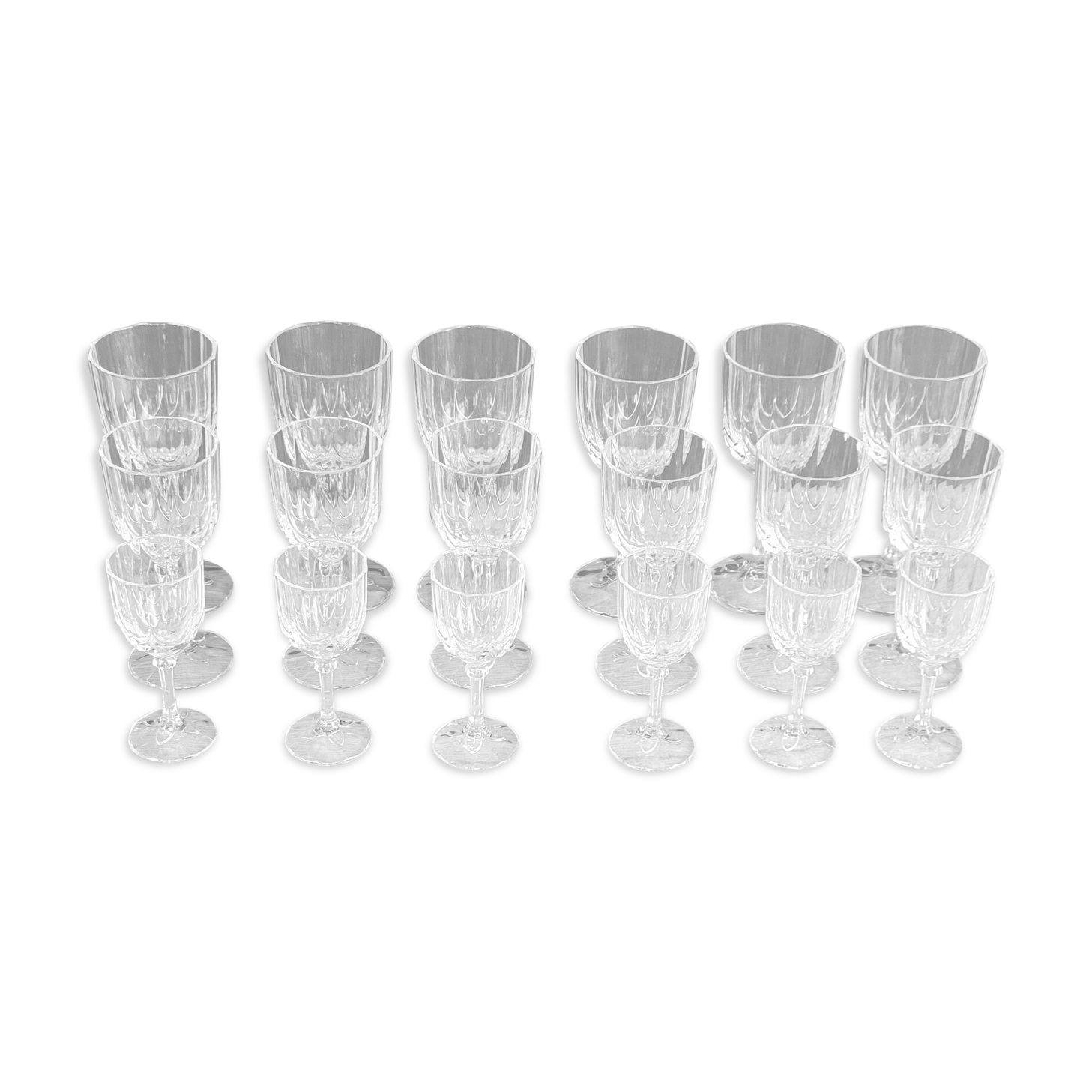 18 art deco walking glasses: service for 6 people (water, wine, liqueur)