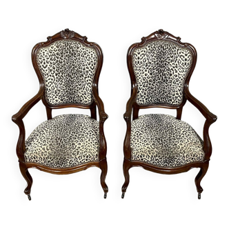 Pair of curved Napoleon III period armchairs in mahogany circa 1850