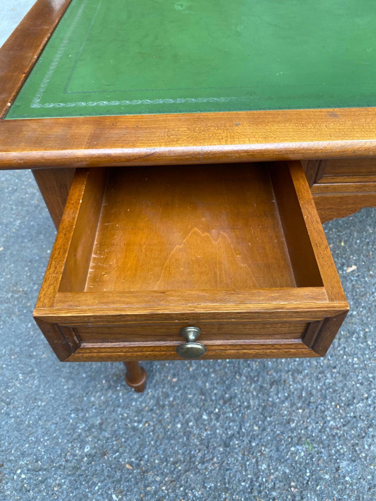 Louis XVI style desk in solid wood and green leather, 1970.
