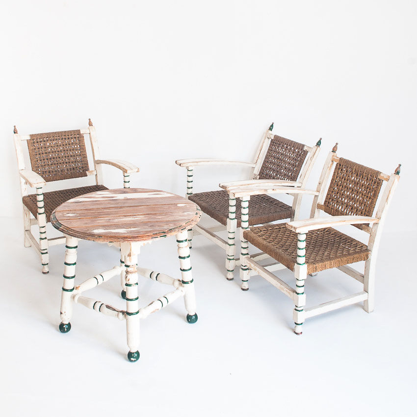 Set of vintage wooden and woven rope armchairs with a matching table. Spain, 1960s.