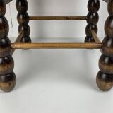 Brutalist wood turned bobbin rush stool in the style of Charles Dudouyt
