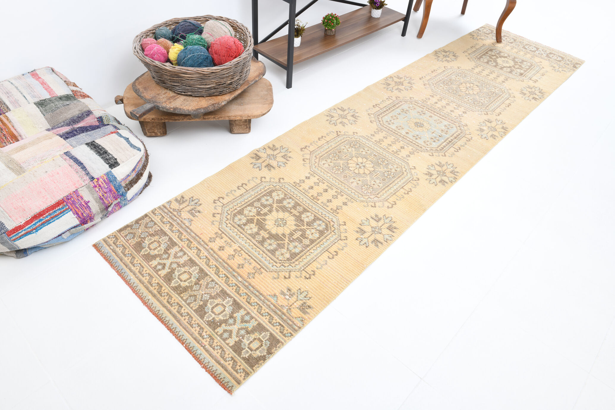 Shabby chic oushak runner rug 333x82cm
