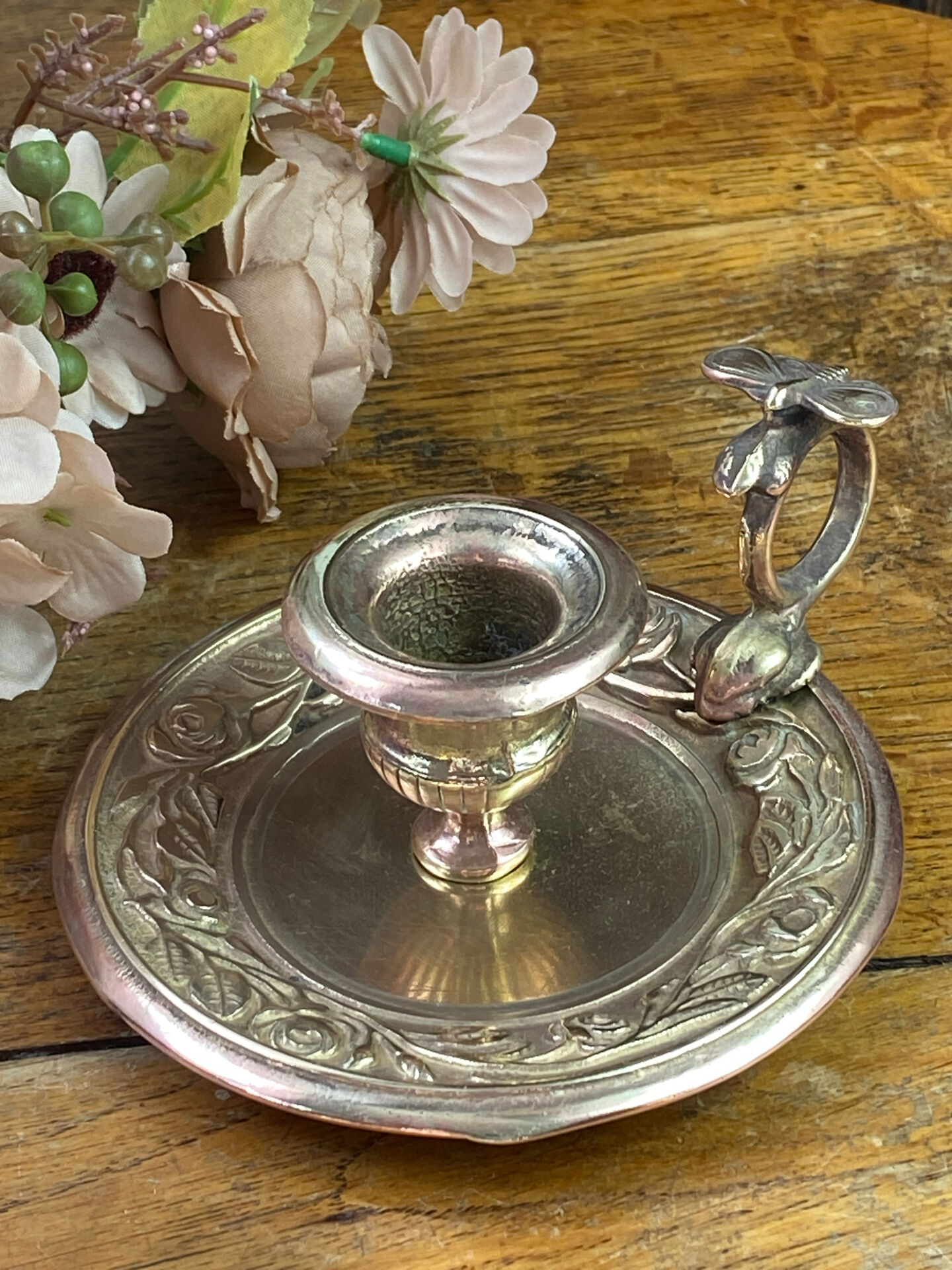 Hand candle holder, butterfly decoration, solid brass