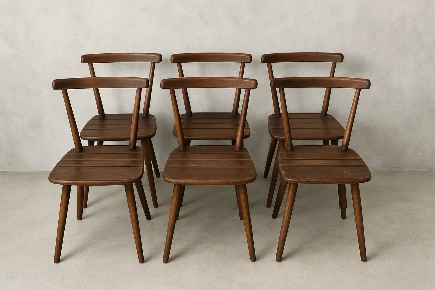 Set of 6 Brutalist chairs in solid wood