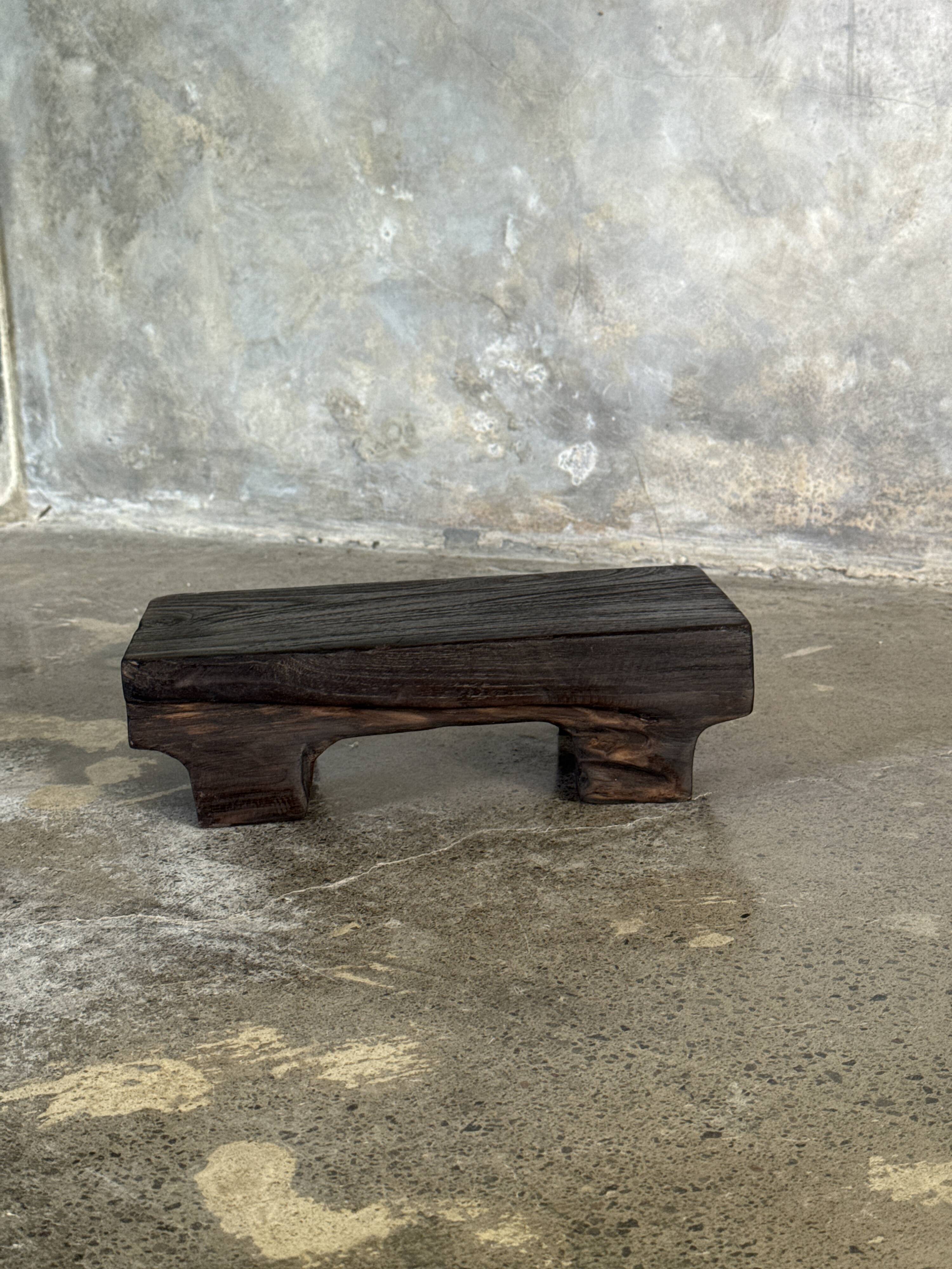 Small stool, black solid teak accent stool wabi-sabi L30 W8.5 H6.