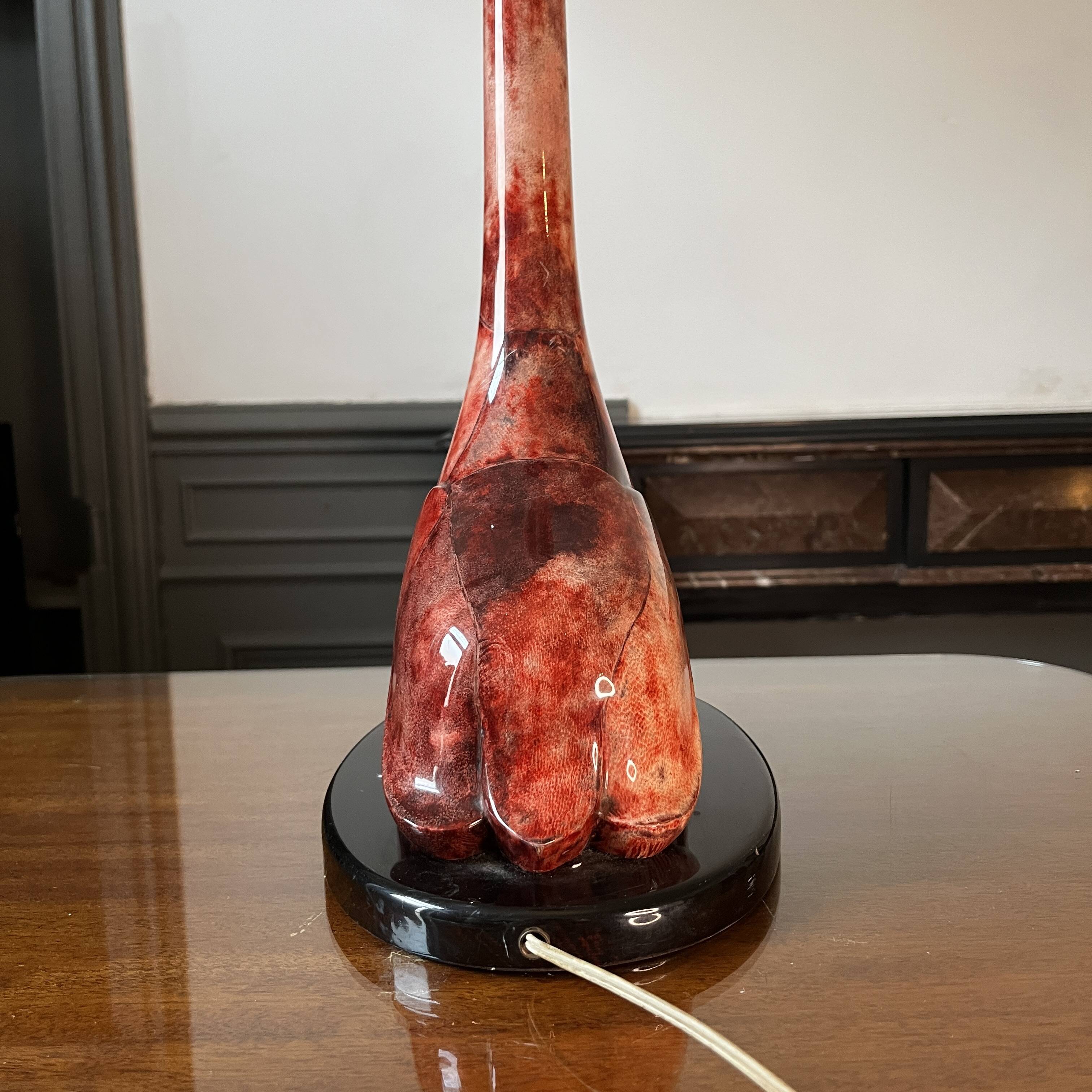 'bird' floor lamp by aldo tura, red goatskin parchment, ca 1950