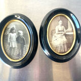 Pair of black wooden oval frames 1880’s  each 13 cm x 10 cm glass measurements 8.5 cm x 5.5 cm