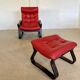Vintage danish retro reclining lounge chair & stool in red leather by komfo