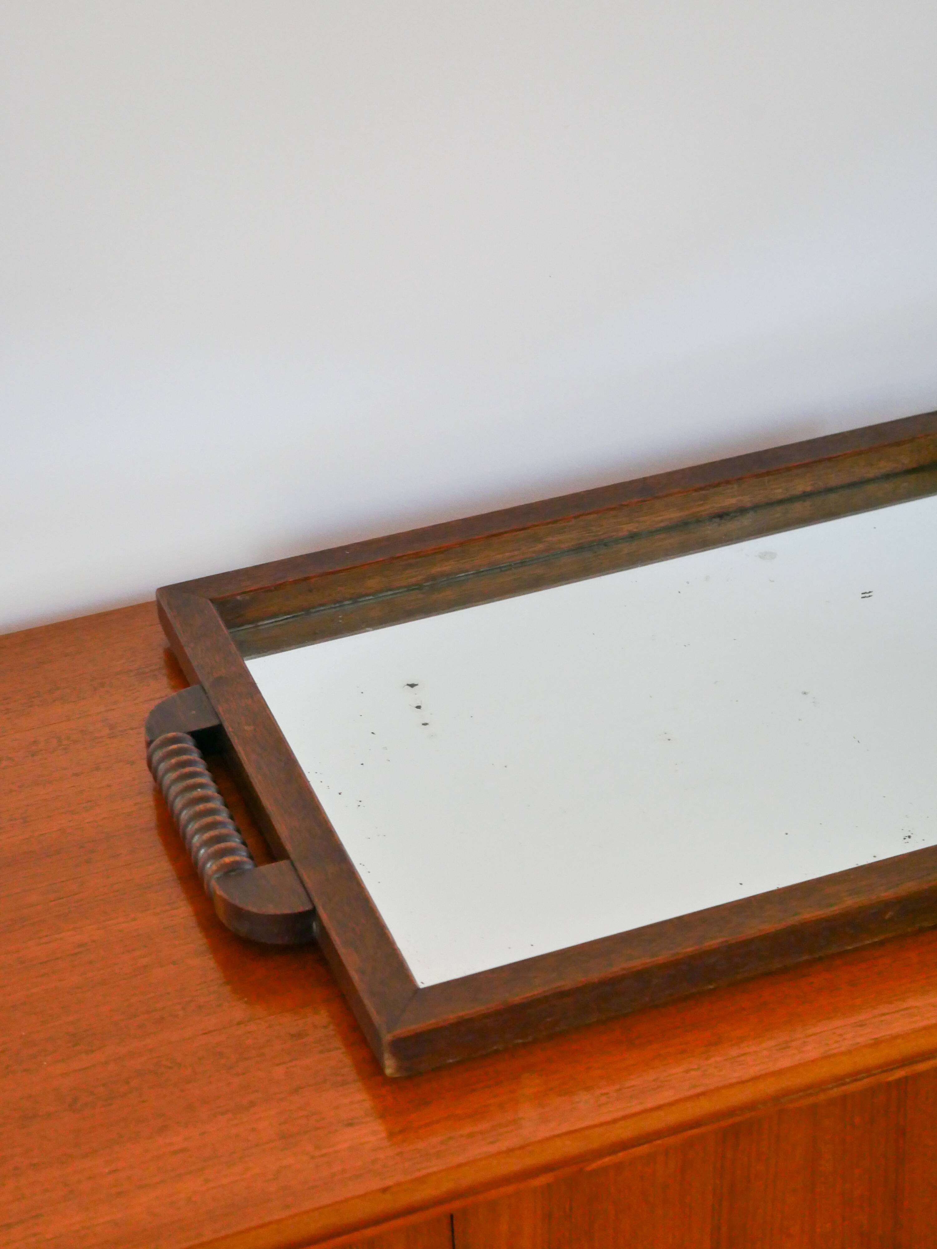 Large wooden mirror tray, turned wooden handles, 1940
