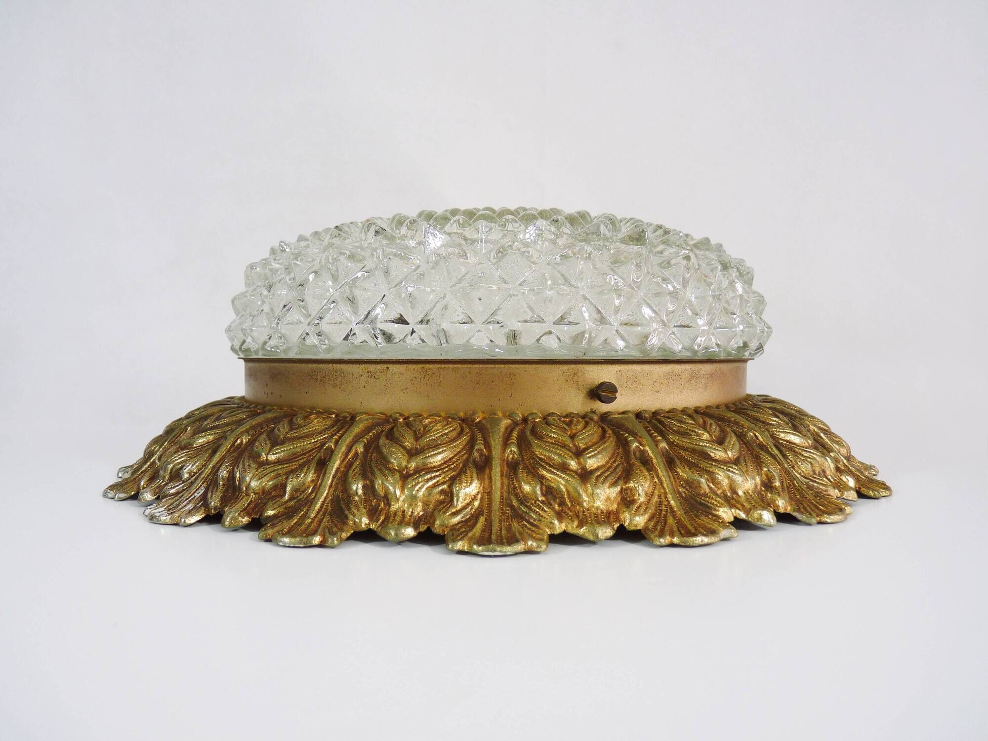 Brass and gold metal ceiling and diamond chiseled glass globe, double lights. Year 80