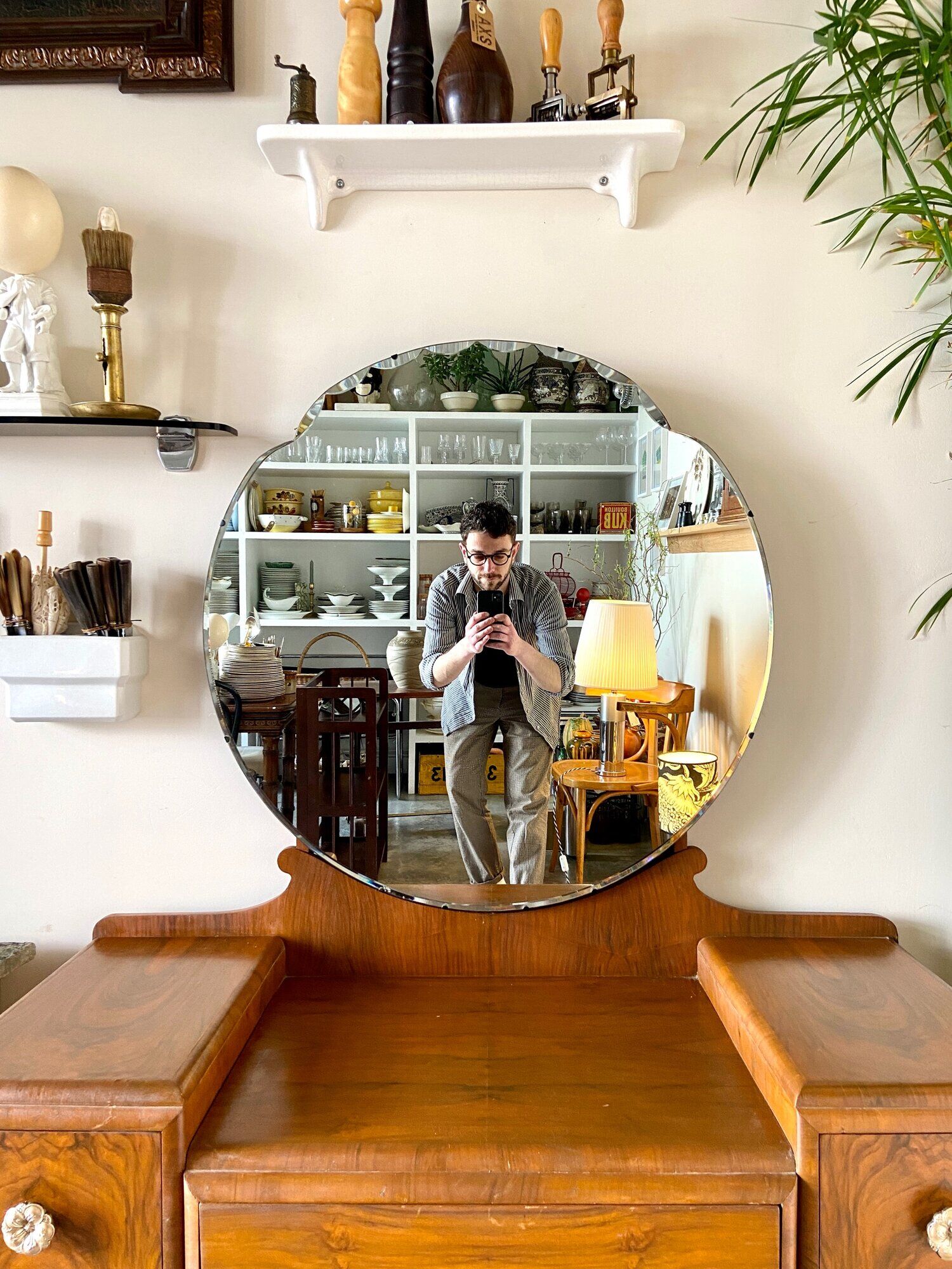 7-drawer wooden dressing table with beveled mirror 1950s