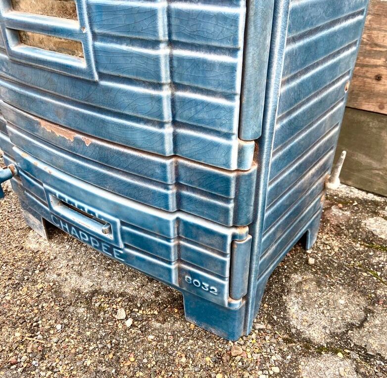 Antique wood pole signed chapée cast iron enamel blue retro design