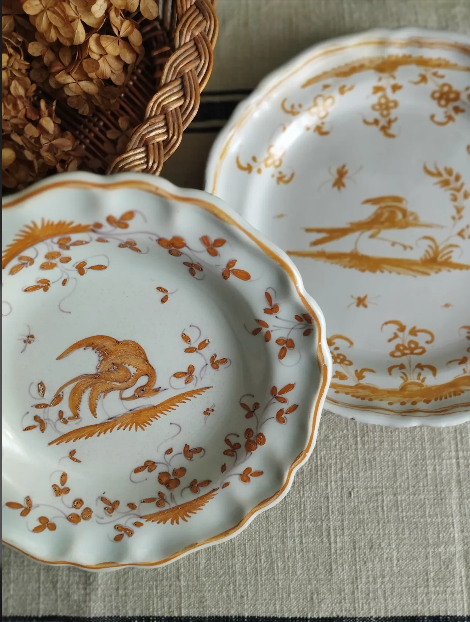Pair of antique plates with a bird of paradise design in the style of Moustiers.