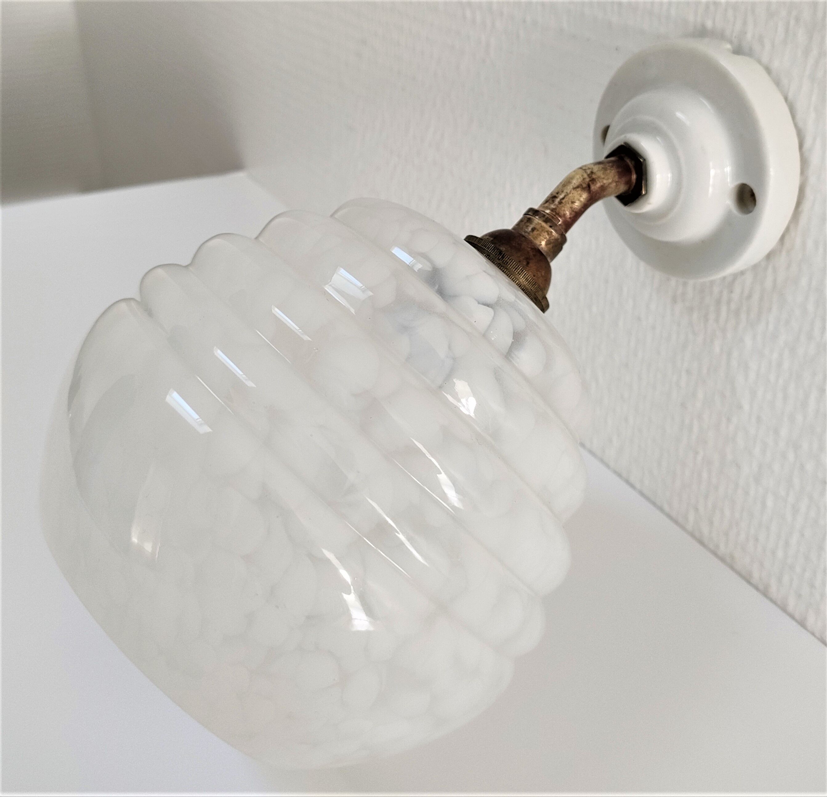Wall lamp glass Clichy white brass porcelain 30s