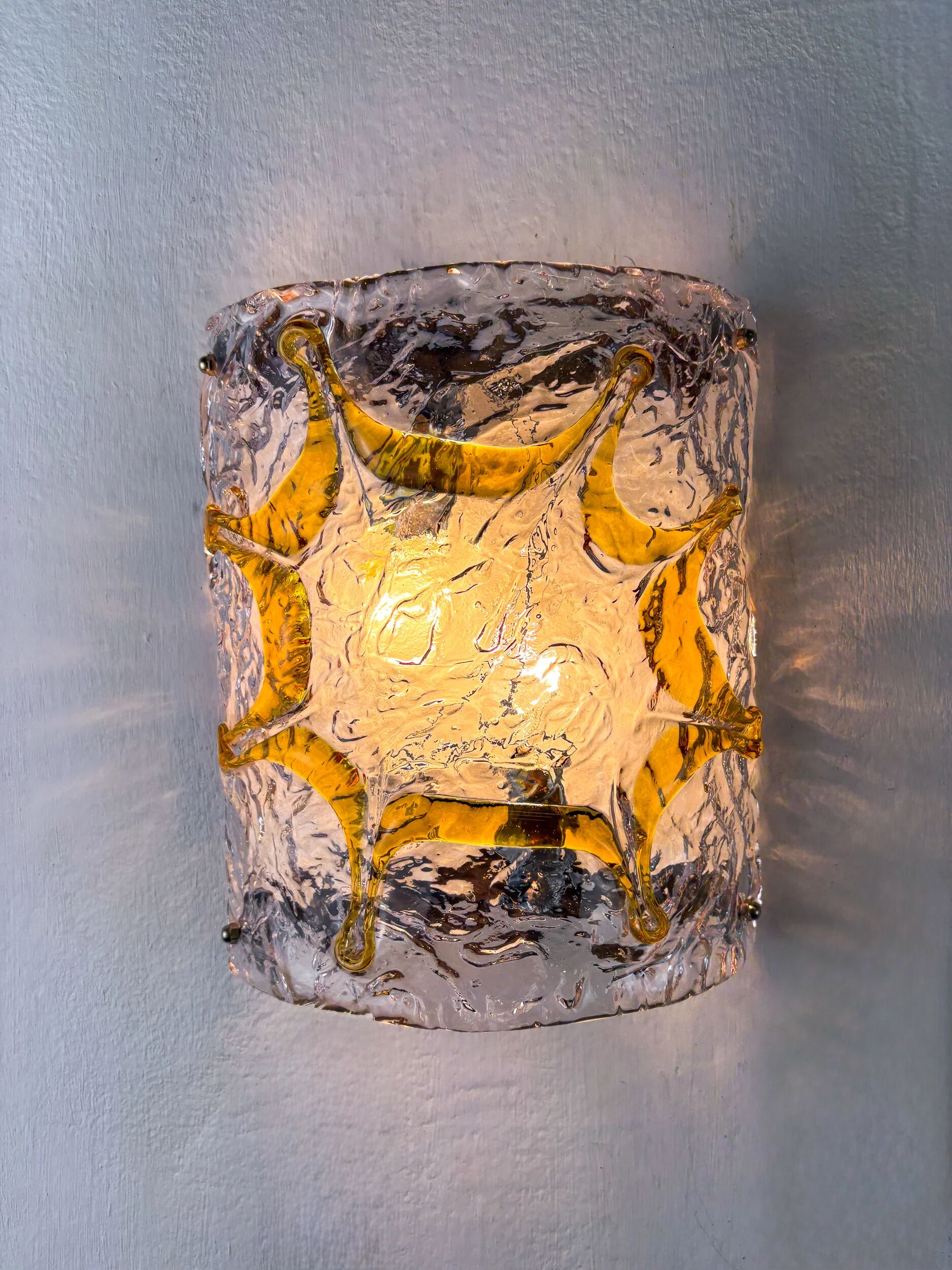 Pair of Mazzega Murano wall lights, orange frosted textured glass, Italy, 1970s