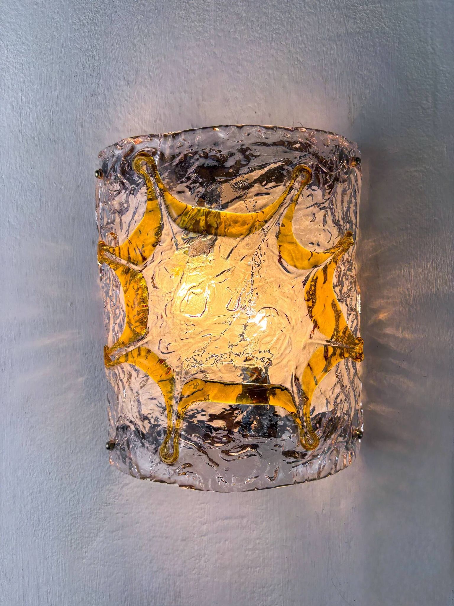 Pair of Mazzega Murano wall lights, orange frosted textured glass, Italy, 1970s