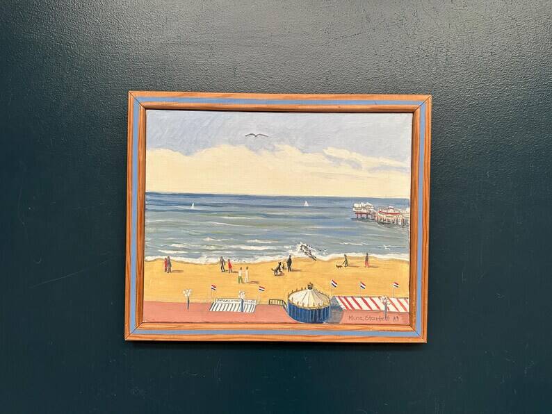 Original Swedish Oil on Canvas – "Day at the Beach" by Mona Starfelt – Signed – Dated 1989 – Framed