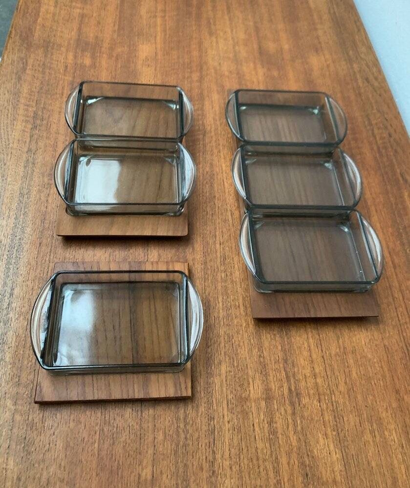 Danish mid-century teak plateau with Holmegaard glass serving trays, 1960s, set of 9.