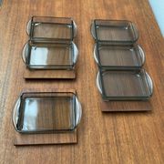 Danish mid-century teak plateau with Holmegaard glass serving trays, 1960s, set of 9.