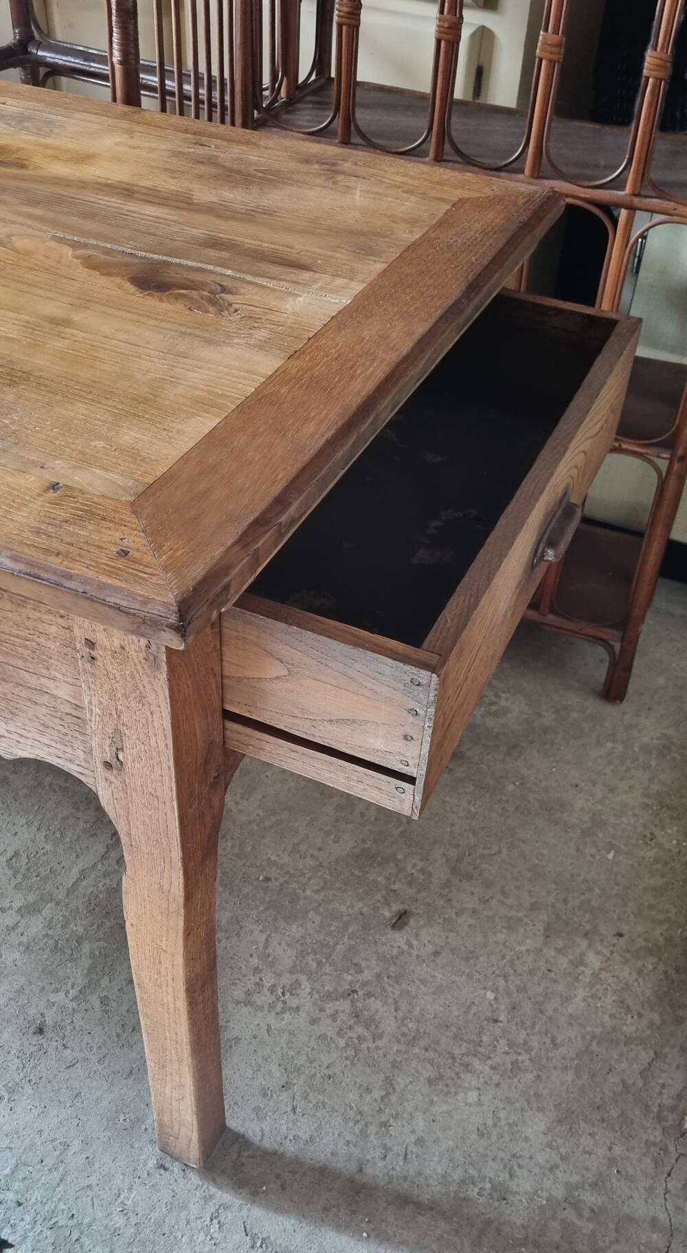 Solid oak farmhouse table, one drawer, vintage, early 20th century.