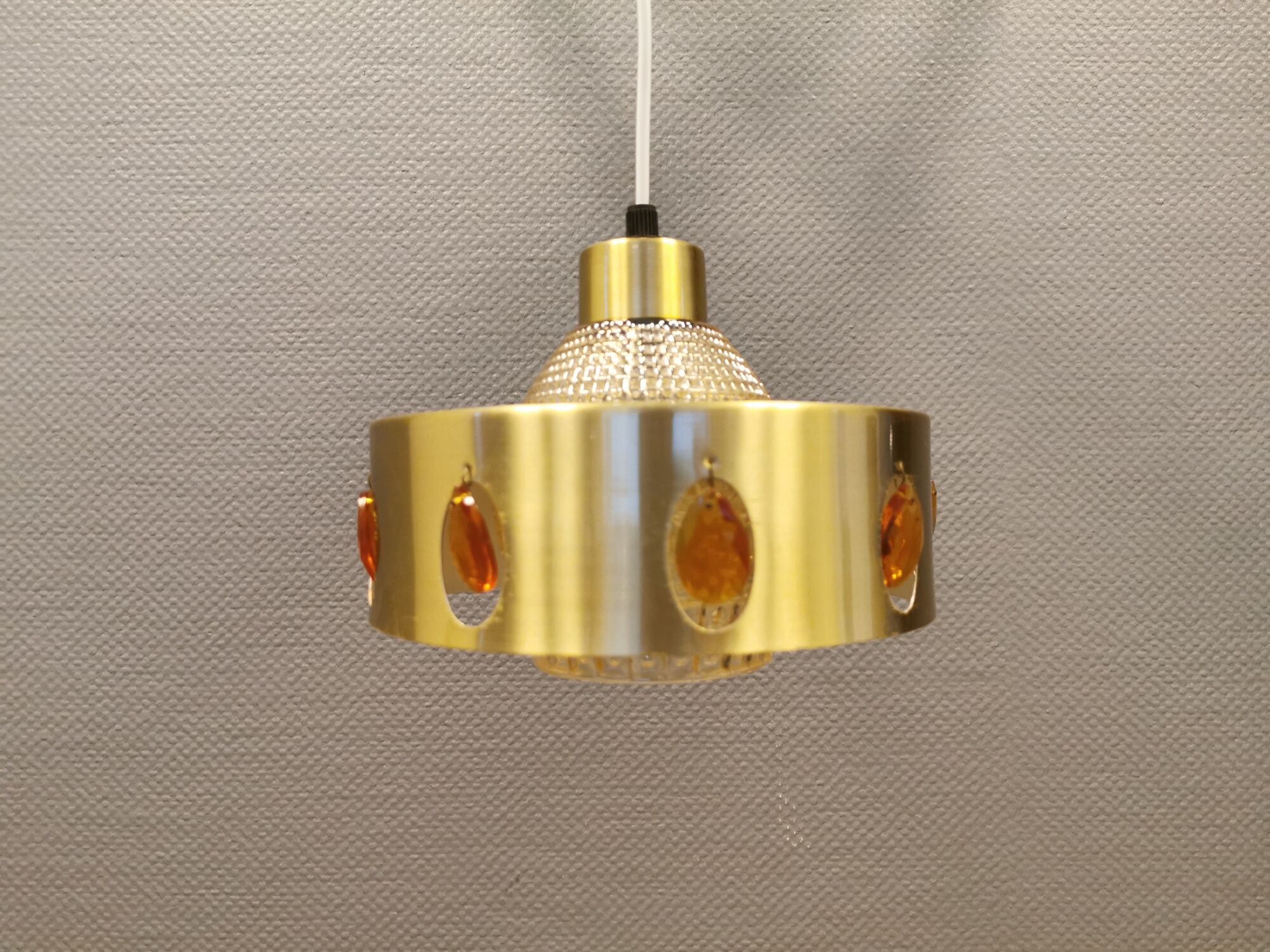 Danish hanging lamp made of glass, metal and with colored prisms