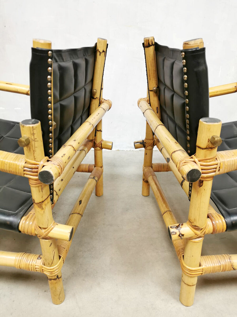 Set of 3 Midcentury Swedish design bamboo safari armchairs and ottoman