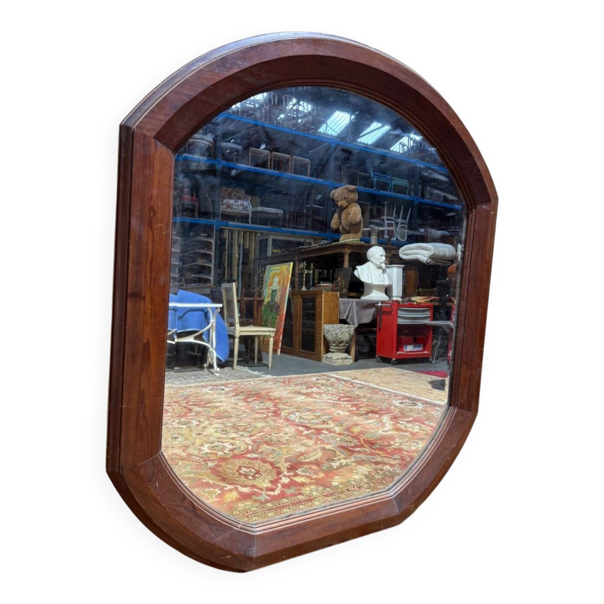 Miroir octogonal biseauté – Époque 1900 – Cadre bois teinté acajou