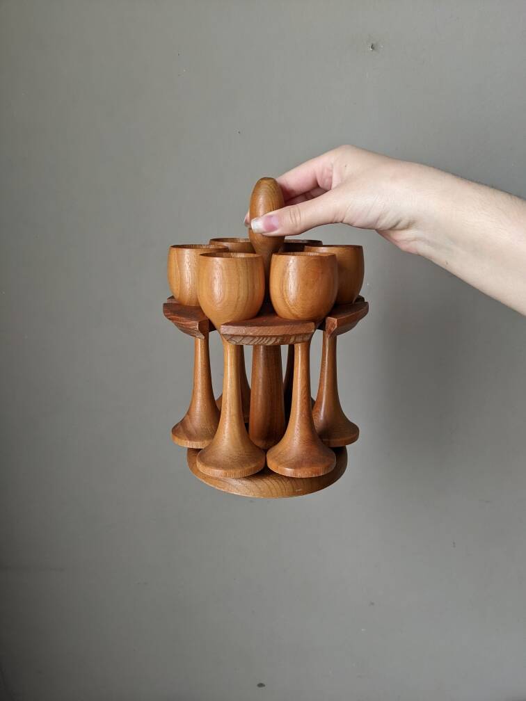 Egg cups on turned wooden legs, Scandinavian country decor