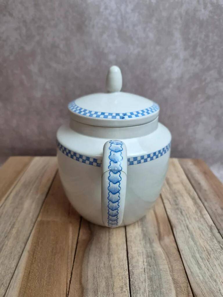 Antique teapot Terre de Fer Opaque from Sarreguemines – Blue checkerboard frieze