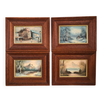 Petites peintures, cadre en bois, Paysages hivernaux, France (lot de 4)