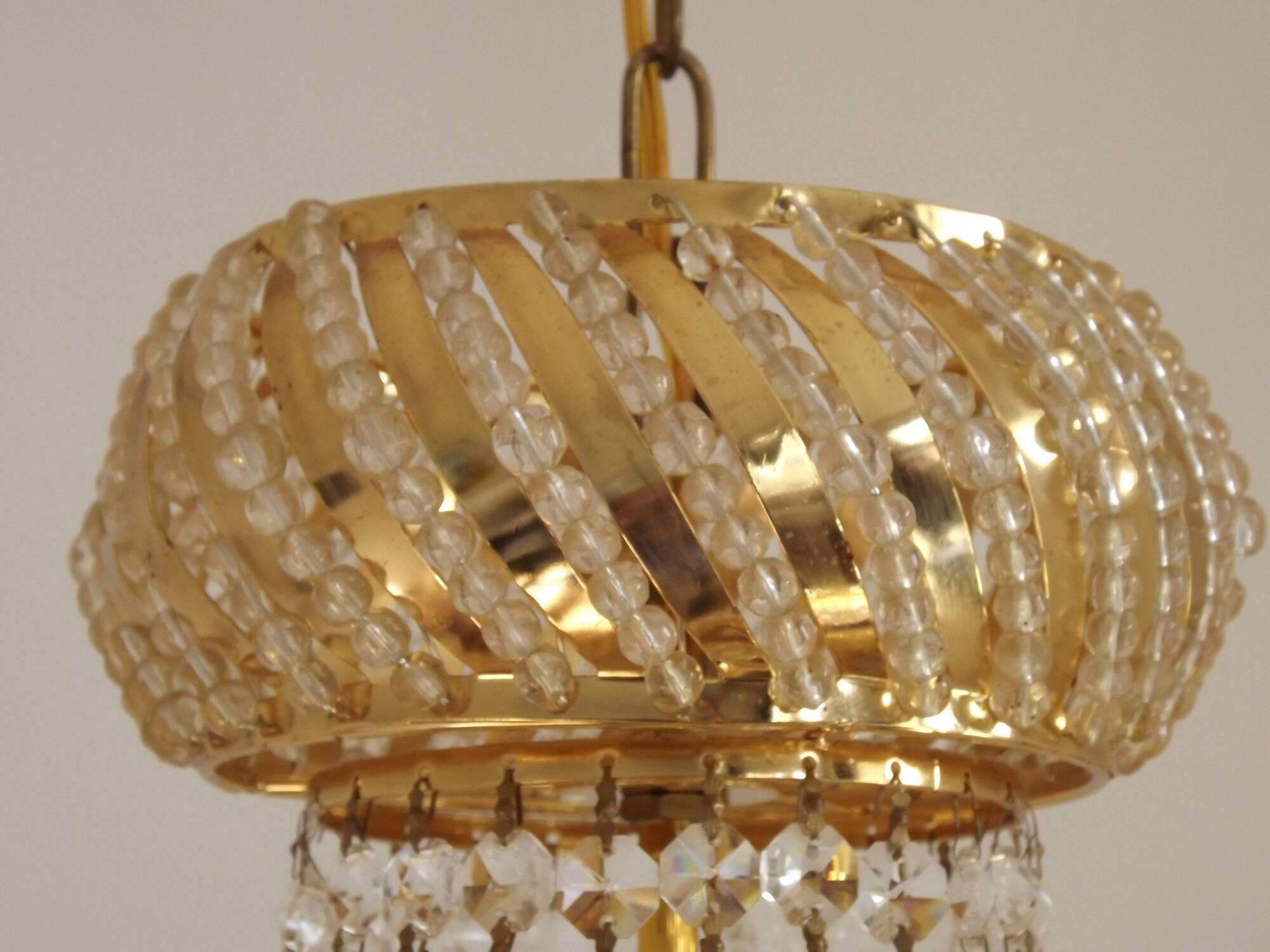 Vintage Gold Metal 5-Light Chandelier – Crystal Beads & Glass Prisms