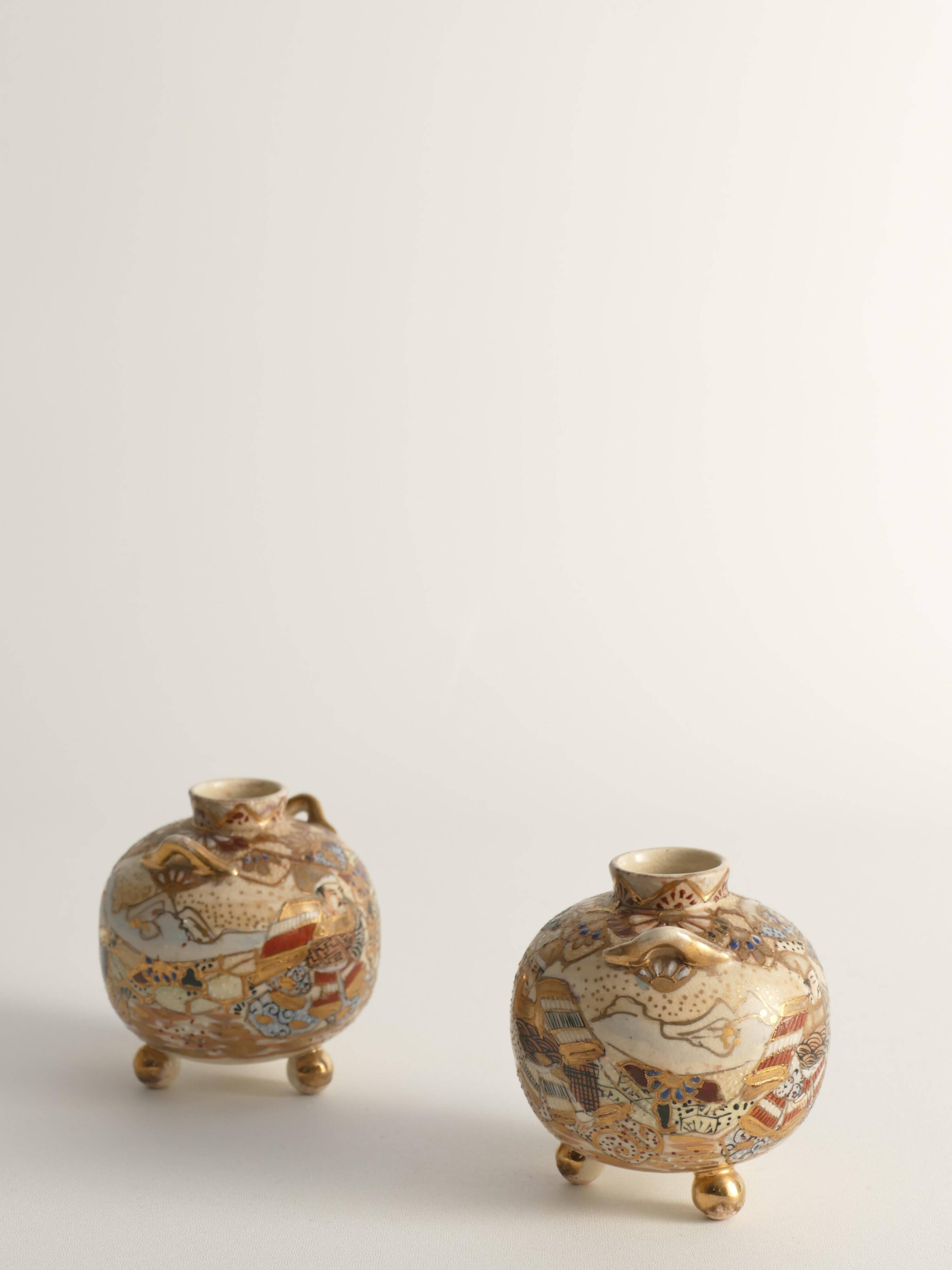Satsuma Earthenware Vases, Hand-Painted Polychrome, Japan, Set of 2