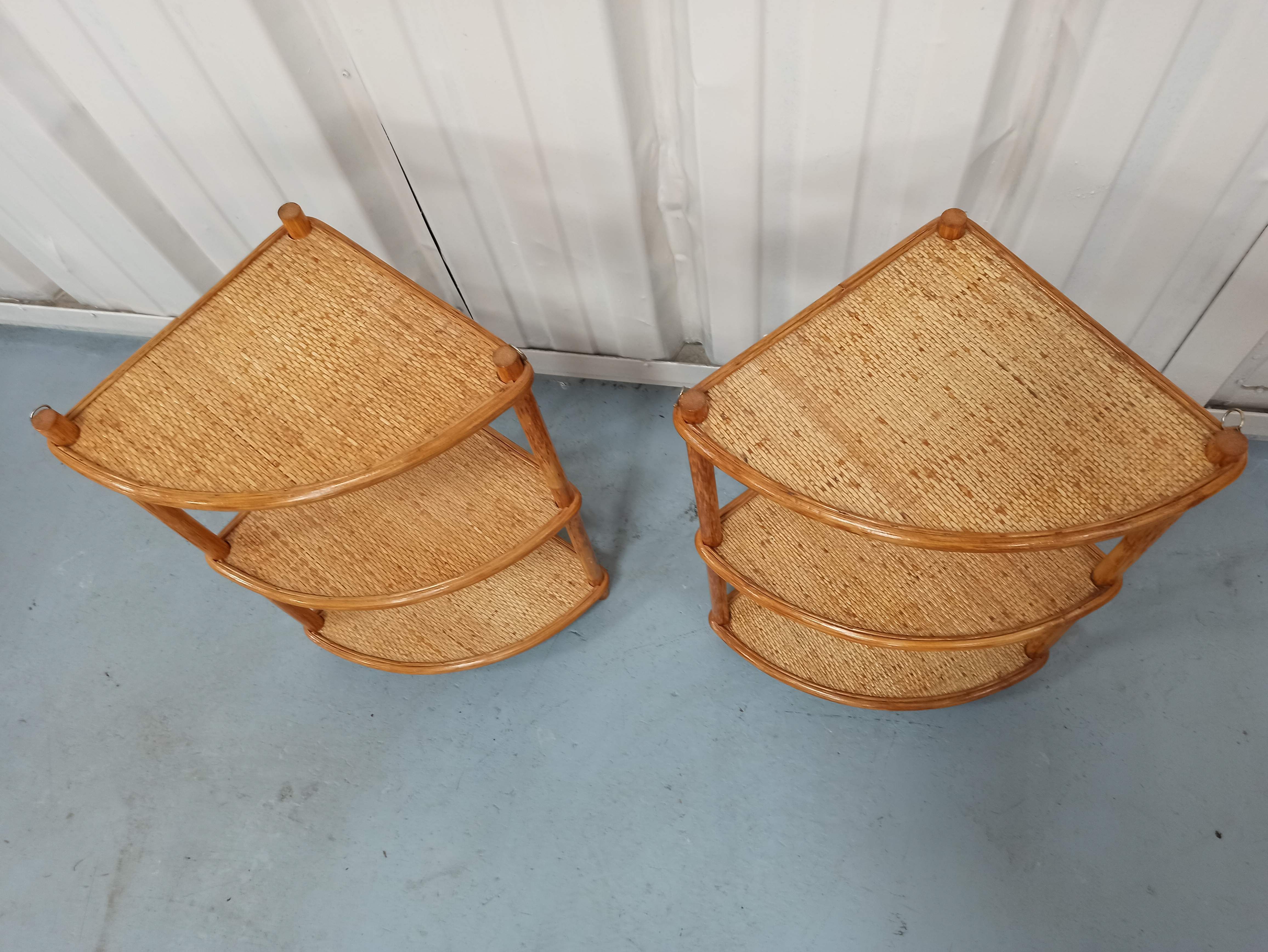 Pair corner shelves bamboo and braided rattan angle bedside tables shelf