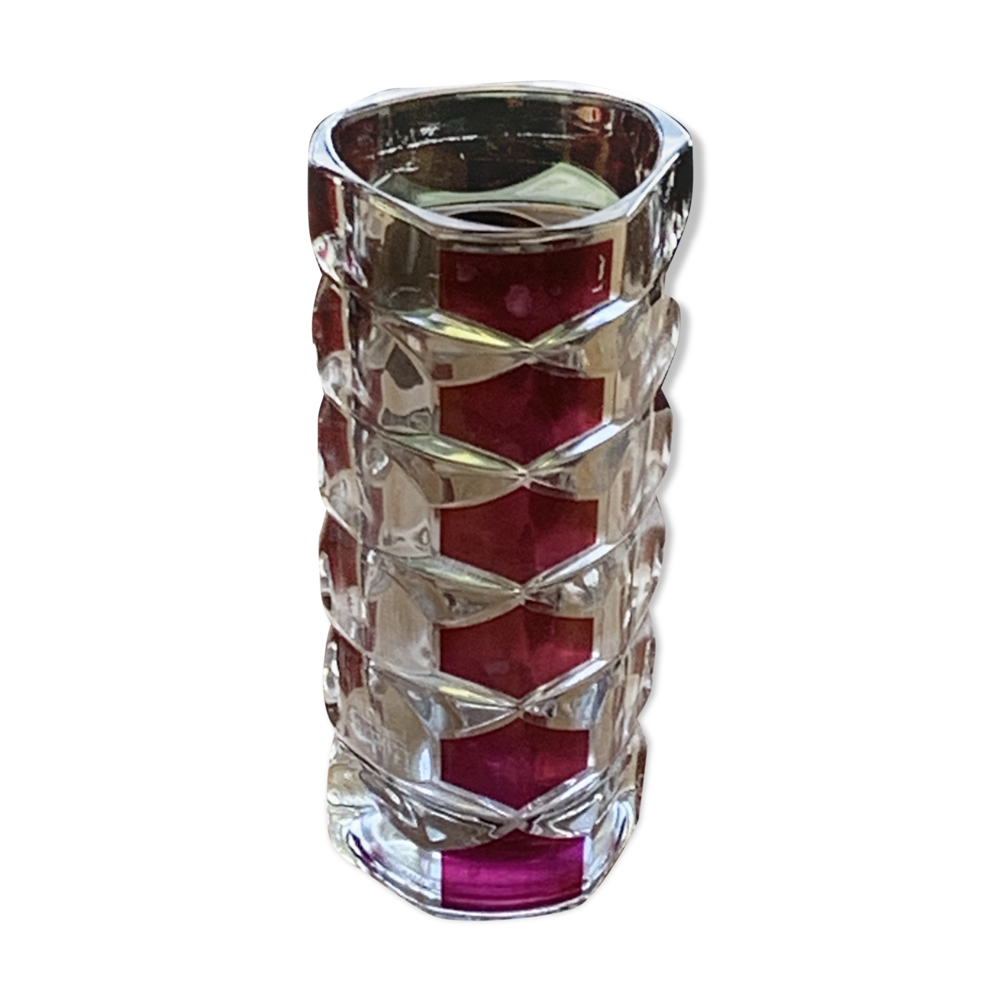 Cylindrical glass vase molded vintage geometric patterns