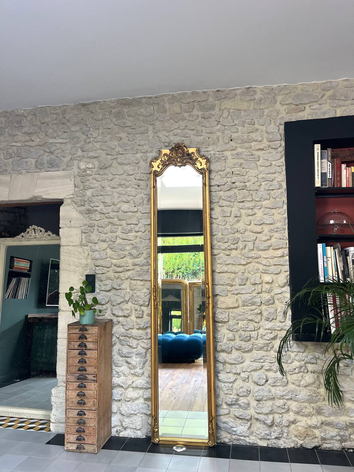Antique mirror, 238.5/51cm, between two panes, with gilded pediments and gold leaf