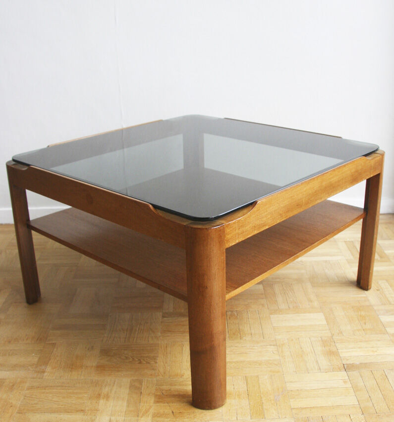 Table basse carrée en teck et verre - 1970