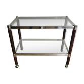 Vintage dessert with wheels tray in smoked glass and feet in wooden veneer